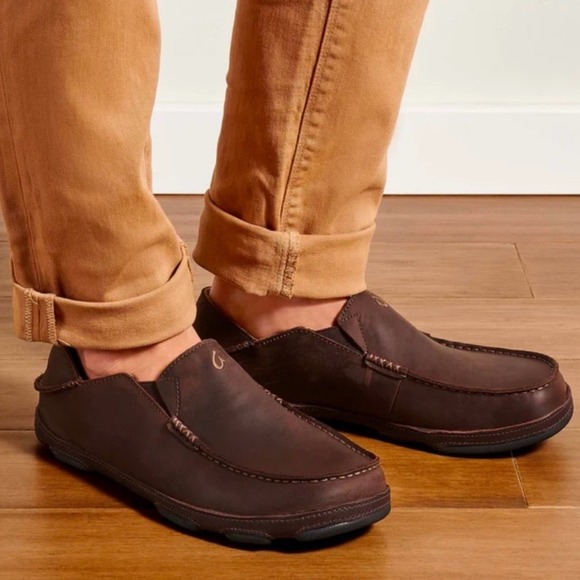 OluKai Moloa Slip On Loafers Mens 14 Dark Wood Brown Good Leather Drop In Heel main image 10